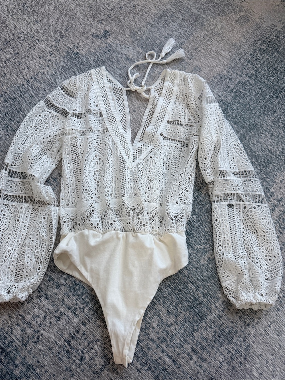 Blue Blush White Lace V-Neck Long Sleeve One-Piece Bodysuit
